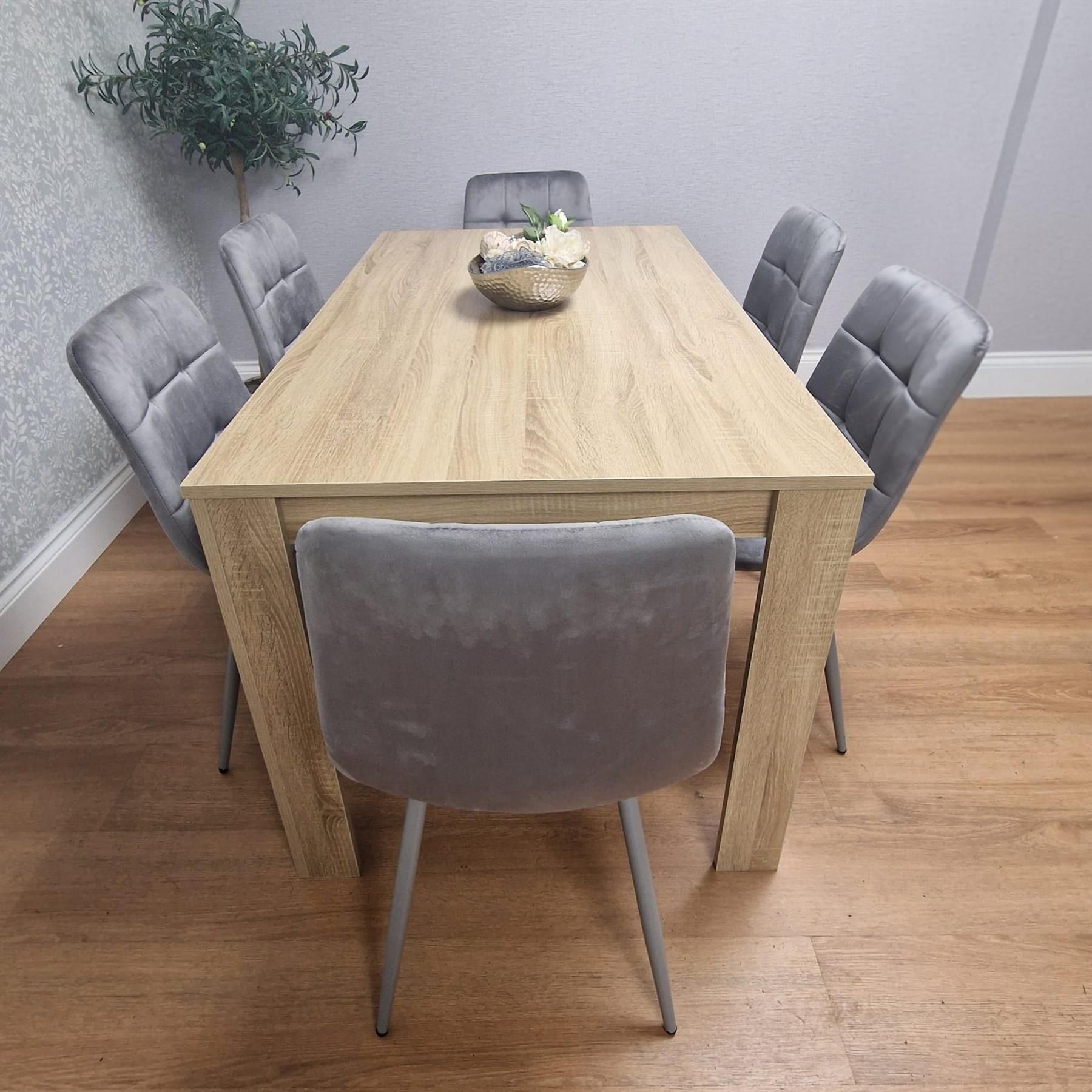 KOSY KOALA Oak Effect Dining Table Set With 6 Grey Velvet Chairs Dining Furnitur