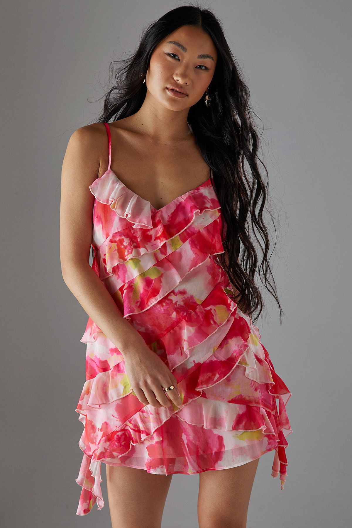 Warehouse Petite Chiffon Ruffle Strappy Mini Dress