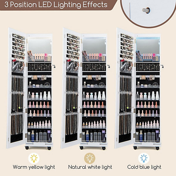 Armoire à Bijoux Mobile avec Miroir Pleine Longueur avec Serrure Lumières Led 3 Couleurs Miroir de Courtoisie Intégré Blanc