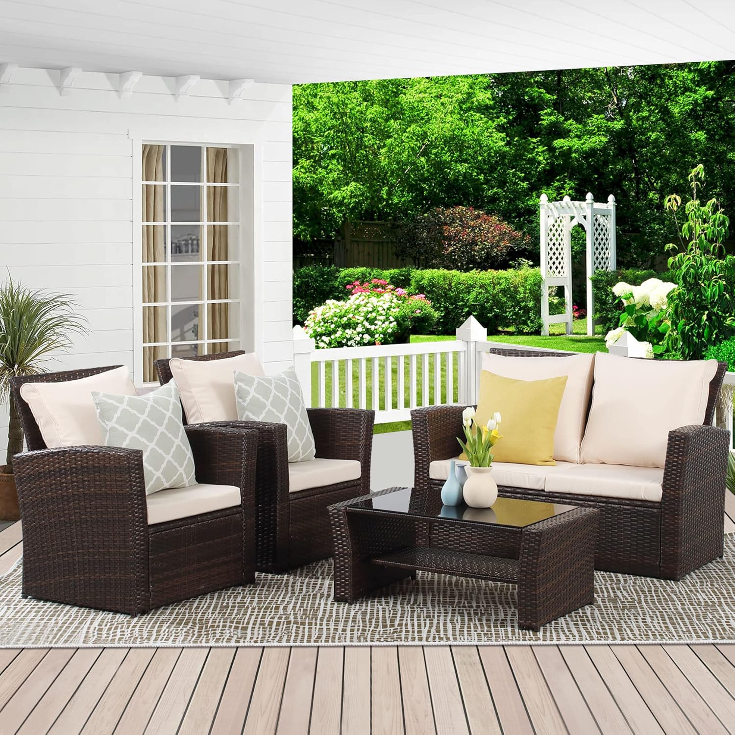 Wisteria Lane 4 Piece Patio Furniture Set  Wicker Outdoor Patio Conversation Furniture Set  All Weather Outdoor Patio Sofa with Cushion and Glass Table  Brown