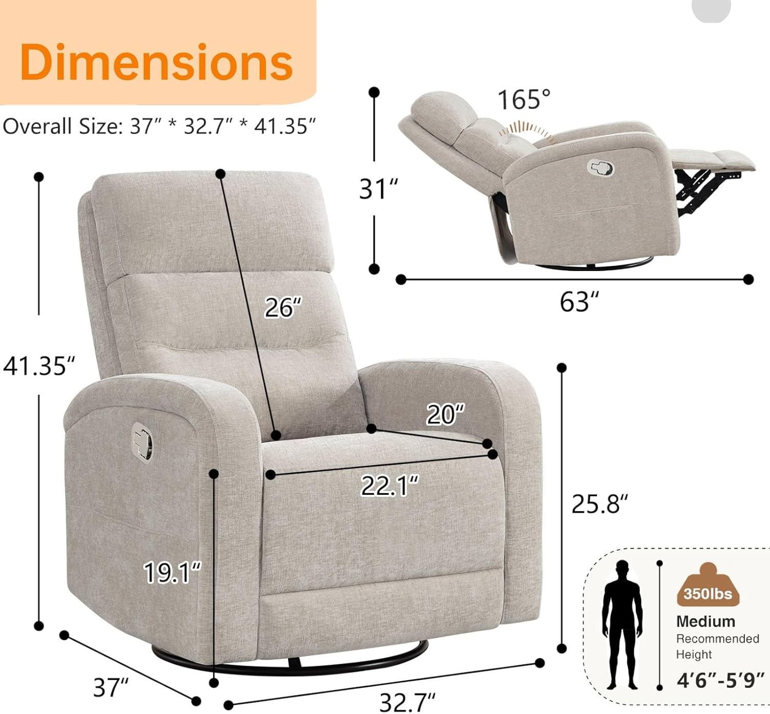 Swivel Rocker Recliner Glider Rocking Chair Nursery, Manual Swivel Recliner Chairs for Living Room, Camel Nursery Rocking Chairs Recliner, Chenille Fabric