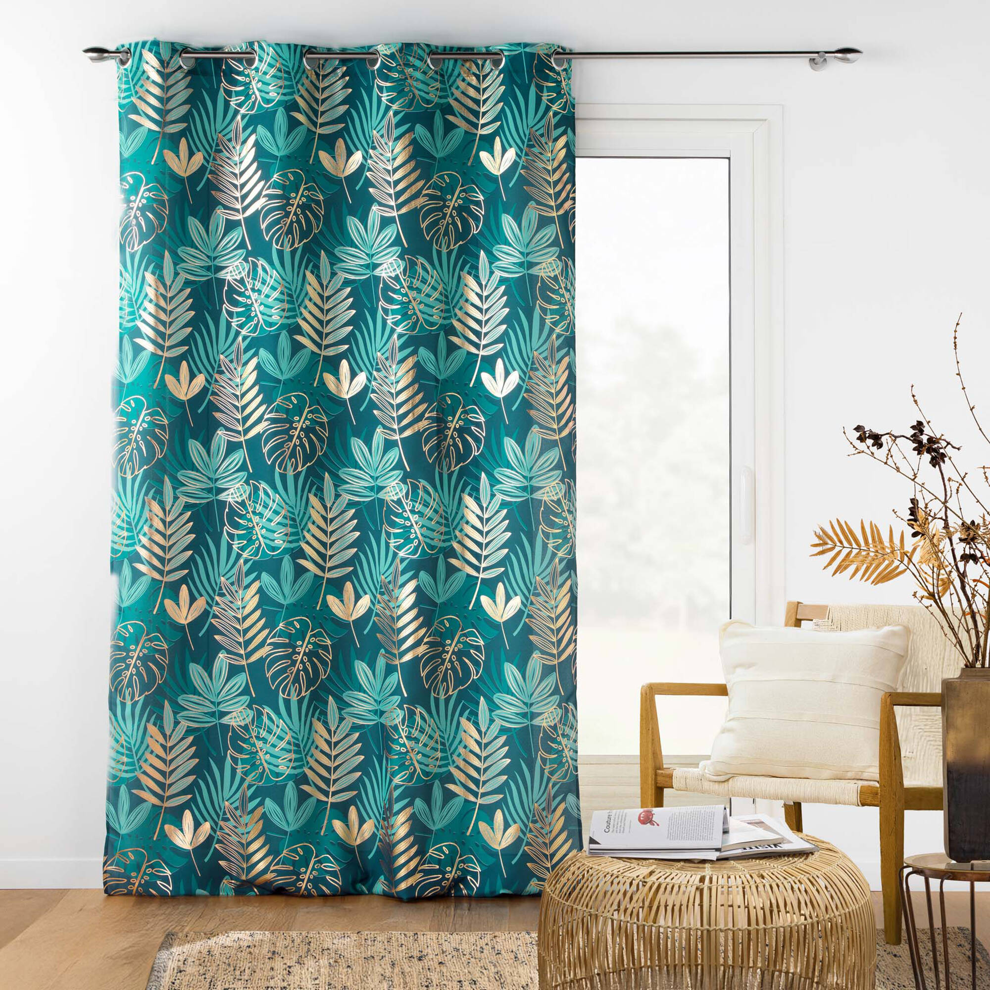 Rideau à œillets motif tropical, détails métallisés
