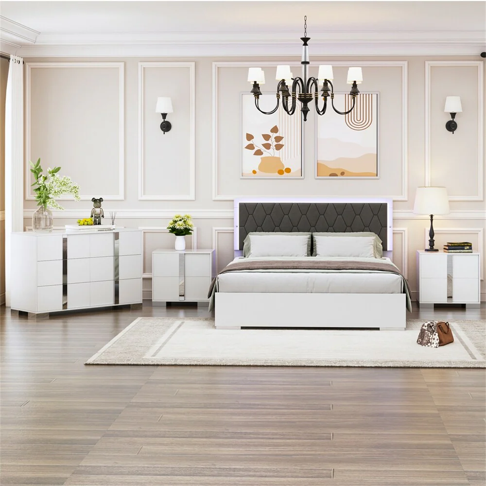 4-Pieces Bedroom Sets Queen Size Upholstered Bed,Nightstands & Dresser