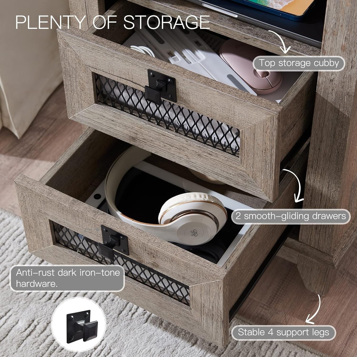 Farmhouse Nightstand with Charging Station, End Table, Side Table