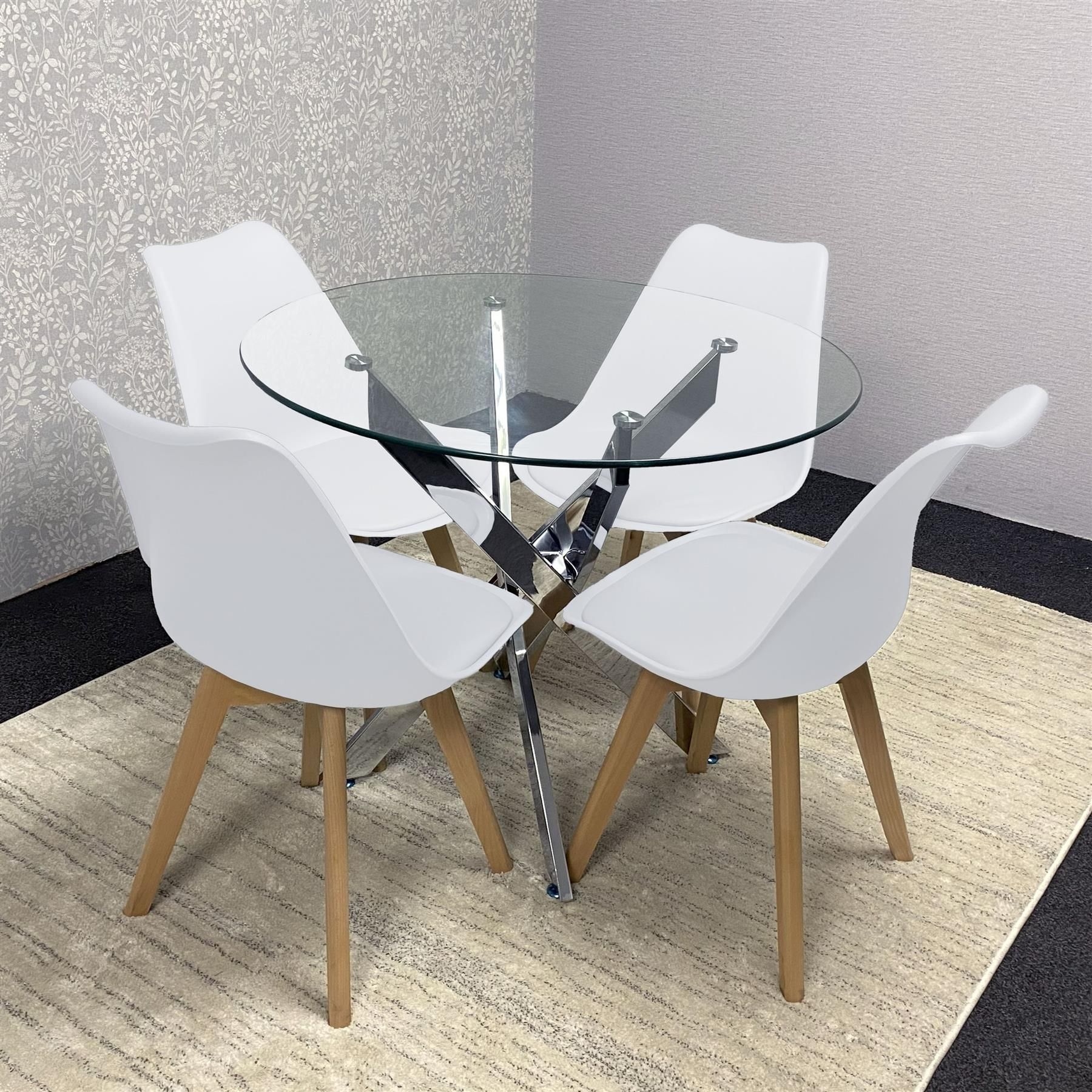 KOSY KOALA Round Glass Dining Table Set With 4 White Plastic Chairs
