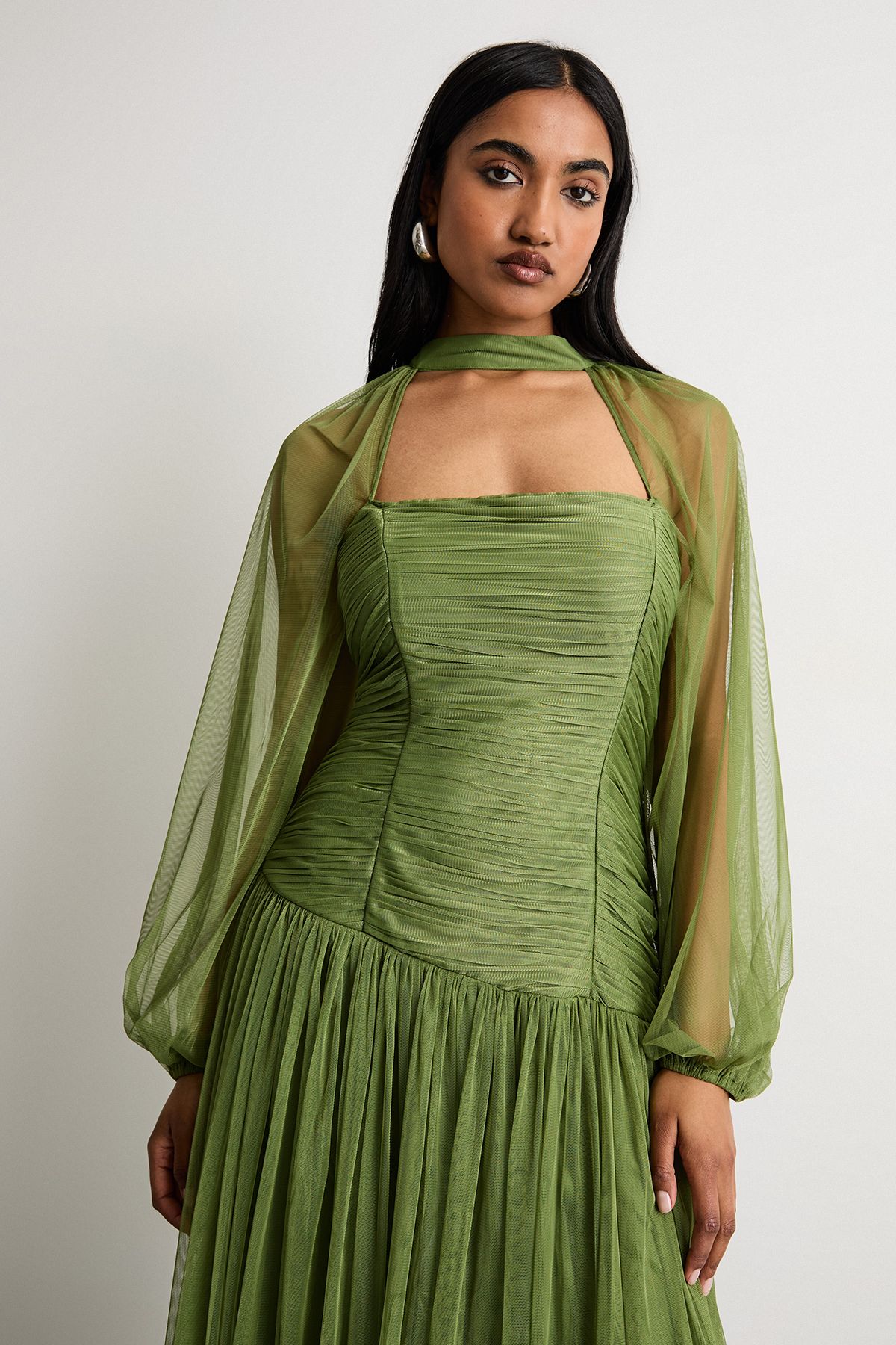 Warehouse Bow Detail Gathered Tulle Maxi Dress with Open Neck