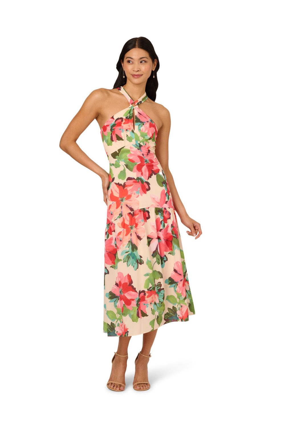 Adrianna Papell Halter Flounce Midi Dress