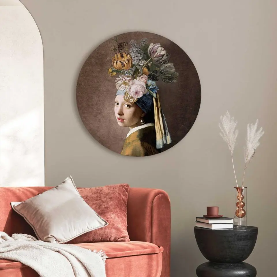 Glasschilderij Vermeer Bloemenmeisje met de Parel - &Oslash; 70 - Bont