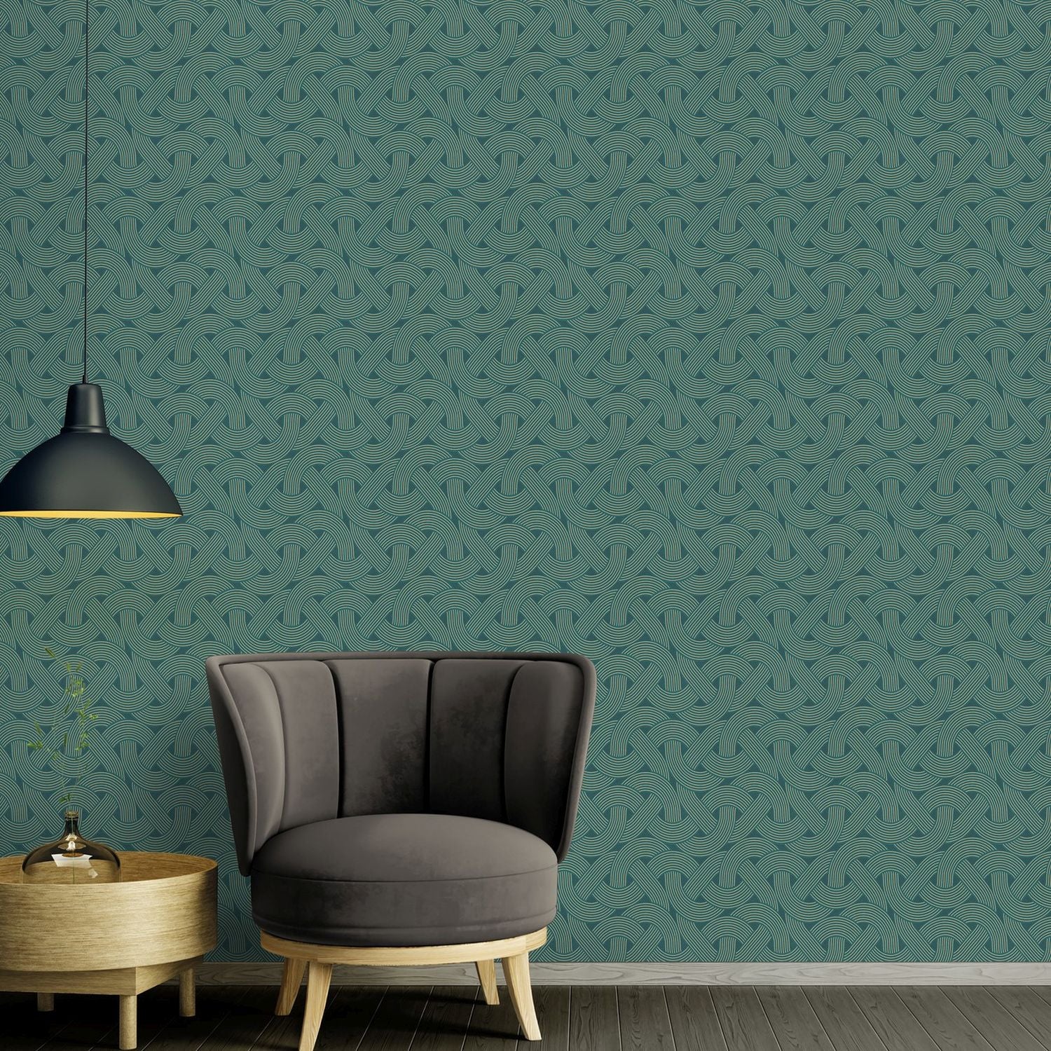 Livingwalls behang art deco motief petrolblauw en goud - 53 cm x 10.05 m - AS-391753