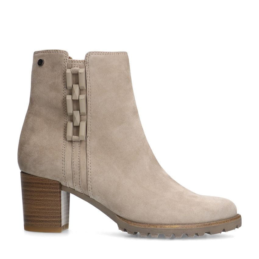 No Stress Grijze suède enkellaarsjes met hak en chain