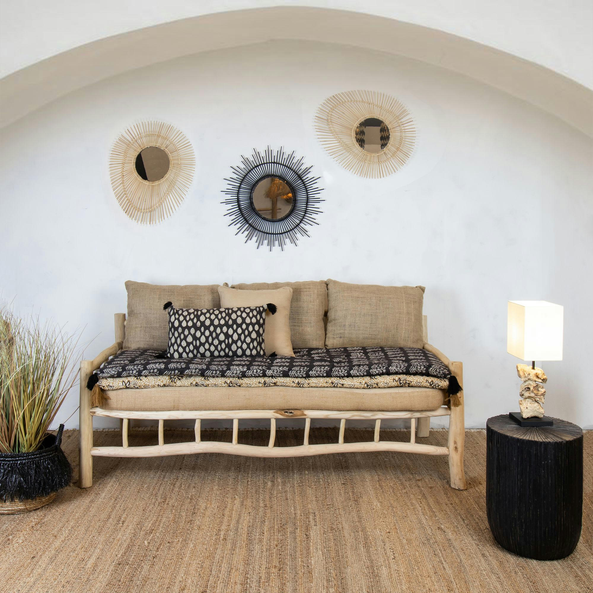 BURLAP - Canapé en teck et coussin en toile de jute 3 places