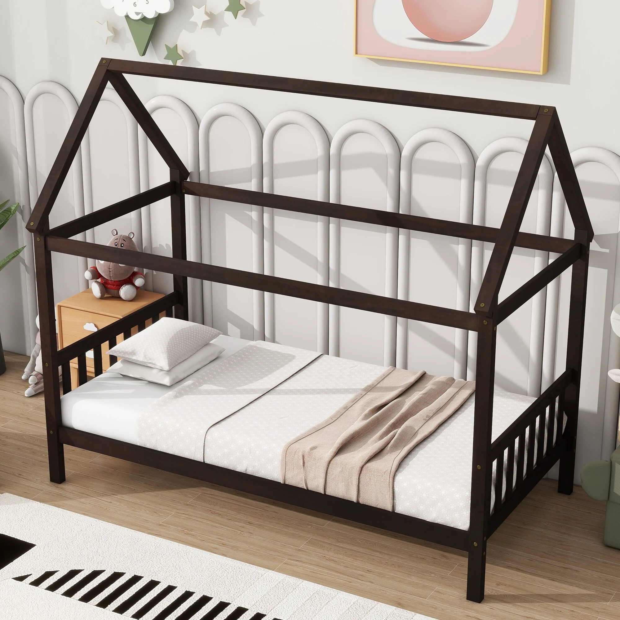 Twin Size House Bed with Headboard and Footboard, Underbed Storage - Rubberwood House-shaped Bed Frame for Children's Room