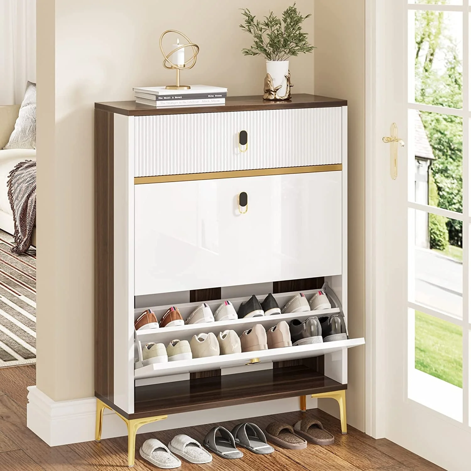 Shoe Storage Cabinet Entryway with 2 Flip Drawers