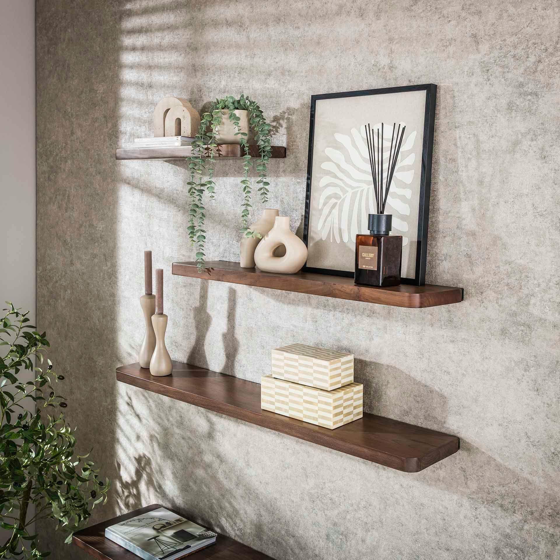 Etagère murale bois d’acacia brun bords arrondis 120 cm NAKO