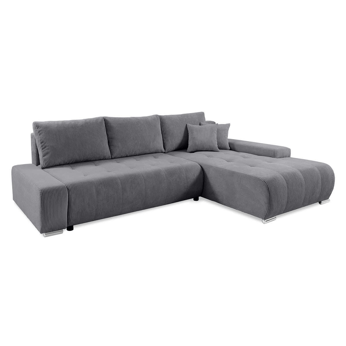 - Canapé d'angle convertible droit 4 places coffre velours côtelé gris