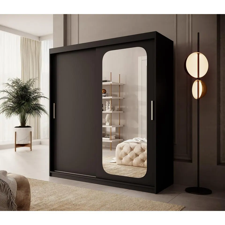 Meubella - Kledingkast Pete - Zwart - 180 cm - Met spiegel