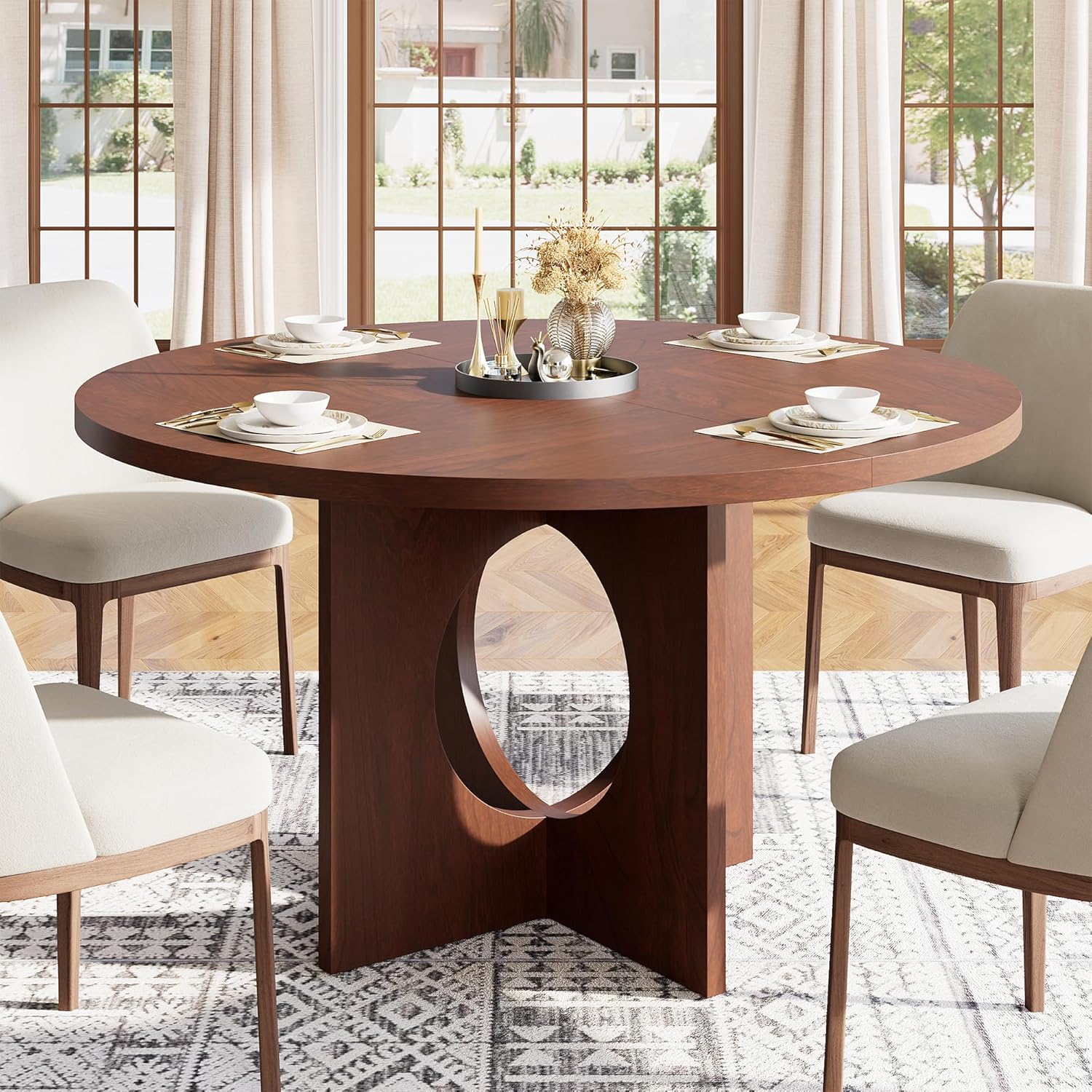 Garvee 47 Round Dining Table for 4-6 People - Circle Kitchen Dinner Table with Sturdy Pedestal Base, Space Saving Dinning Room Furniture for Living Room, Kitchen, Apartment, Walnut