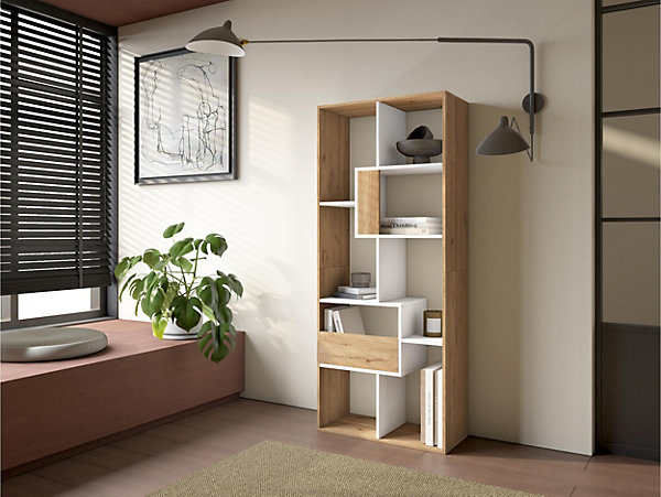 Bibliothèque étagère asymétrique 8 compartiments 67x31x162cm Chêne et blanc