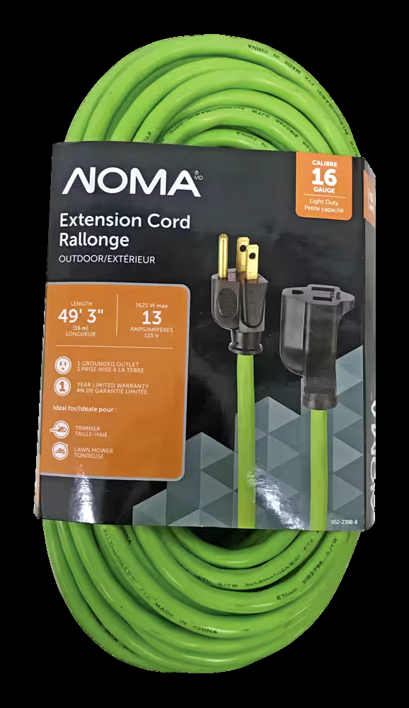 NOMA 49-ft 3-in 16/3 Outdoor Extension Cord with Grounded Outlet, Lime Green