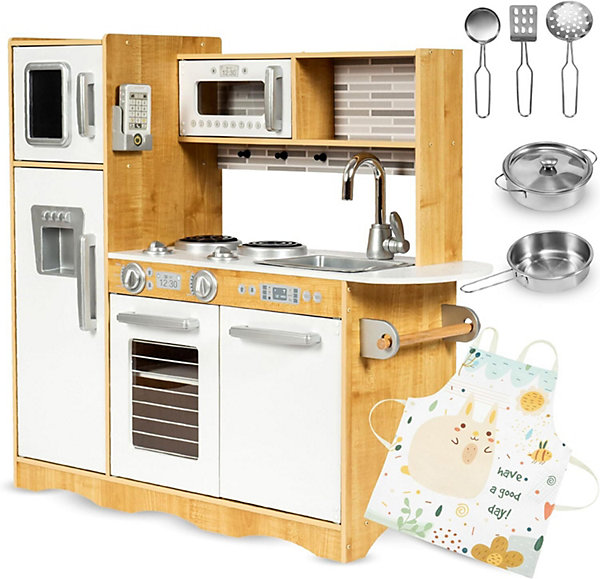 Cuisine Enfant en Bois éclairage 92 x 30 x 82,5 CM Ustensiles Tablier Frigo Micro-Ondes Plaque, Solide Certifiée Conformité CE