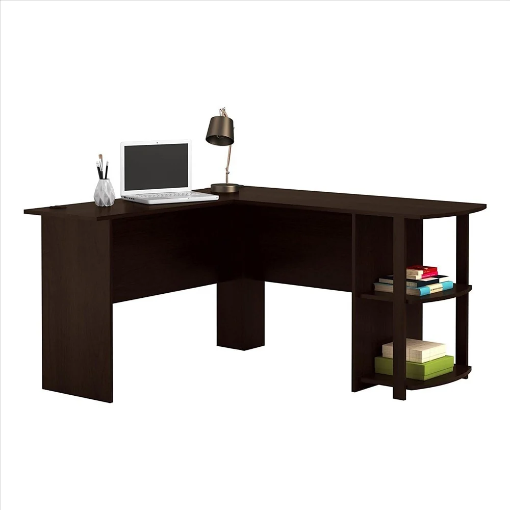 L-Shaped Wood Computer Desk with 2-layer bookshelf