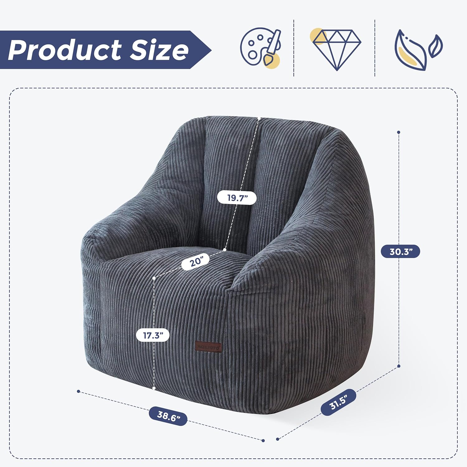 MAXYOYO Bean Bag Chair, Bean Bag Sofa with Filler, Cozy Living Room Chair for Adults and Kids, Stuffed Floor Sofa for Bedroom Dorm Reading, Dark Grey