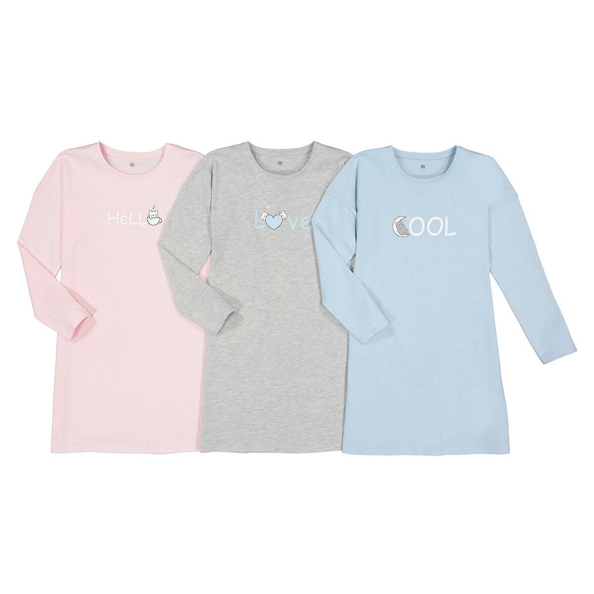 Lot de 3 chemises de nuit en coton imprimées chat