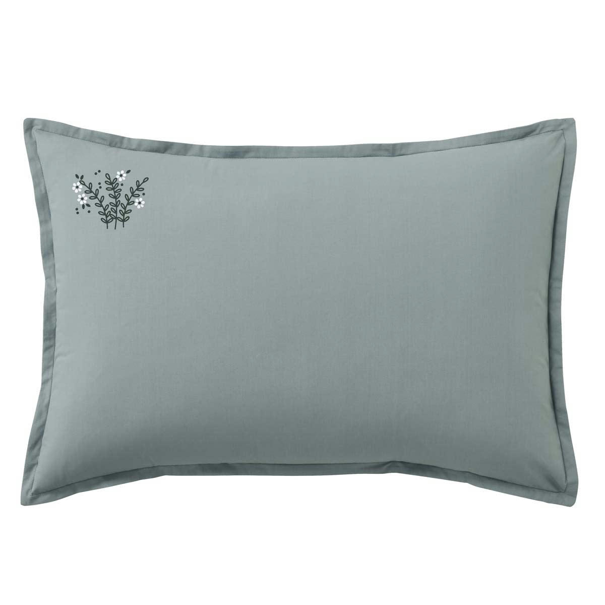 BOUQUET CÉVENNES - Taie d'oreiller brodée en percale de coton bleu 50x70