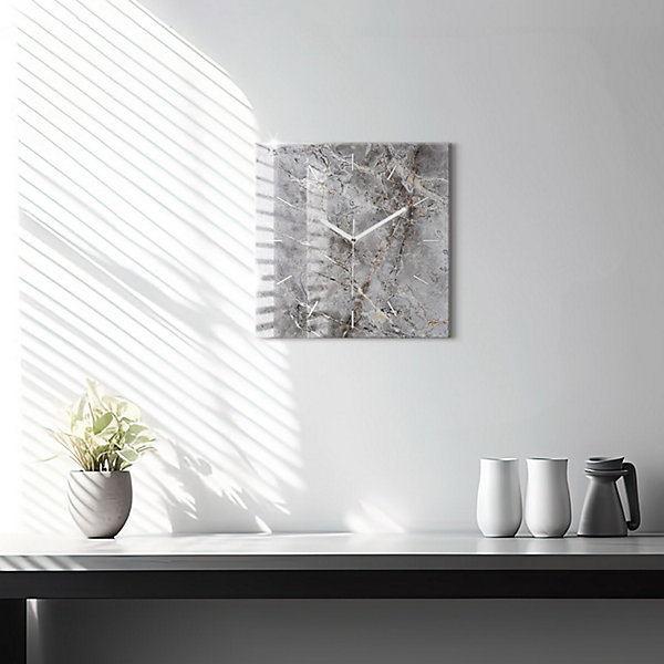 Horloge murale Wallfluent 30x30 cm Aiguilles blanches Marbre granit gris 1 pcs