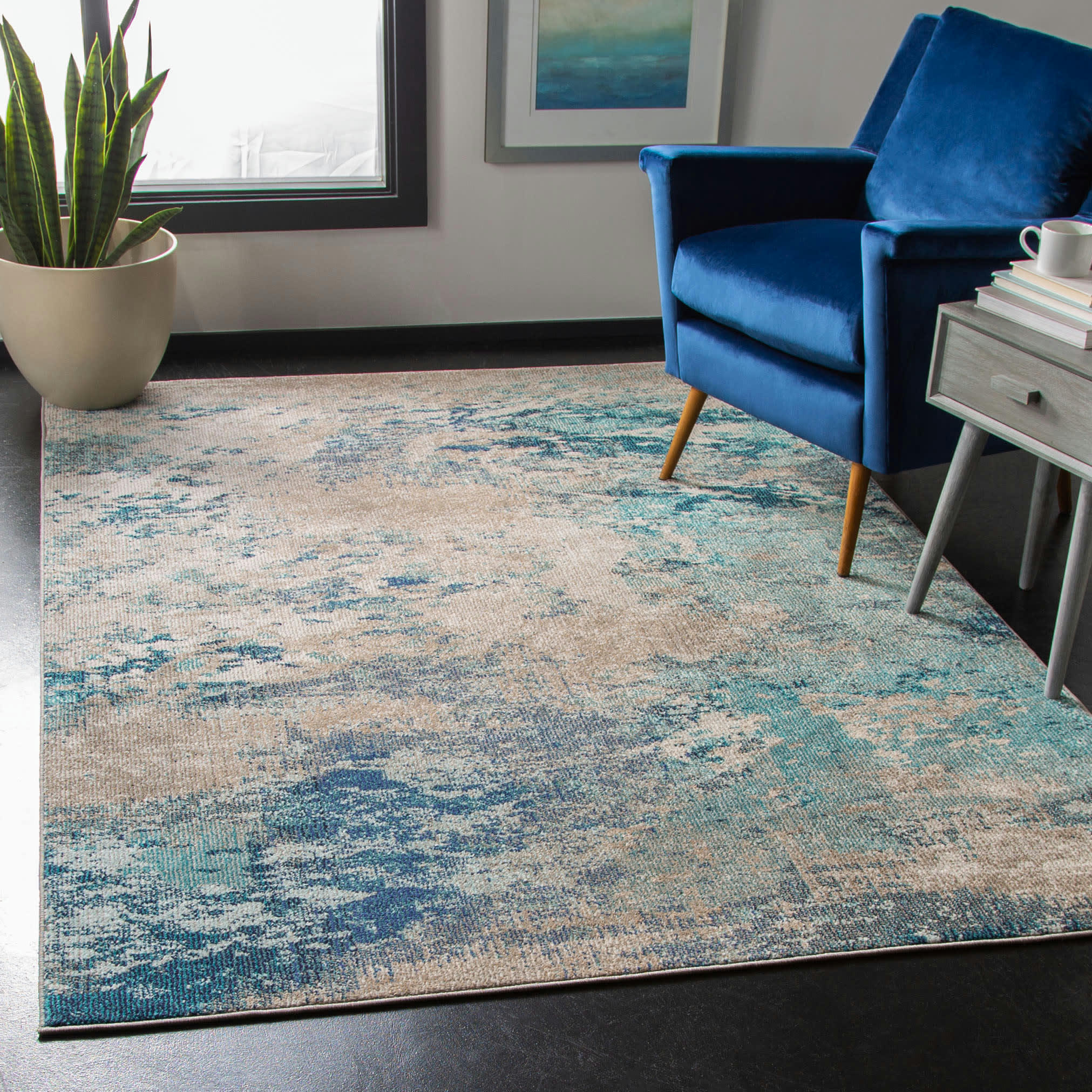 MADISON - Tapis de salon interieur en bleu & gris, 91 x 152 cm