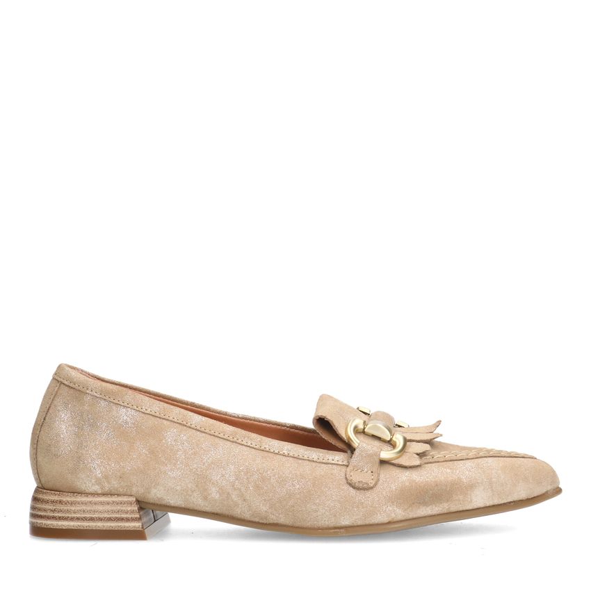 Manfield Beige suède loafers met glitter