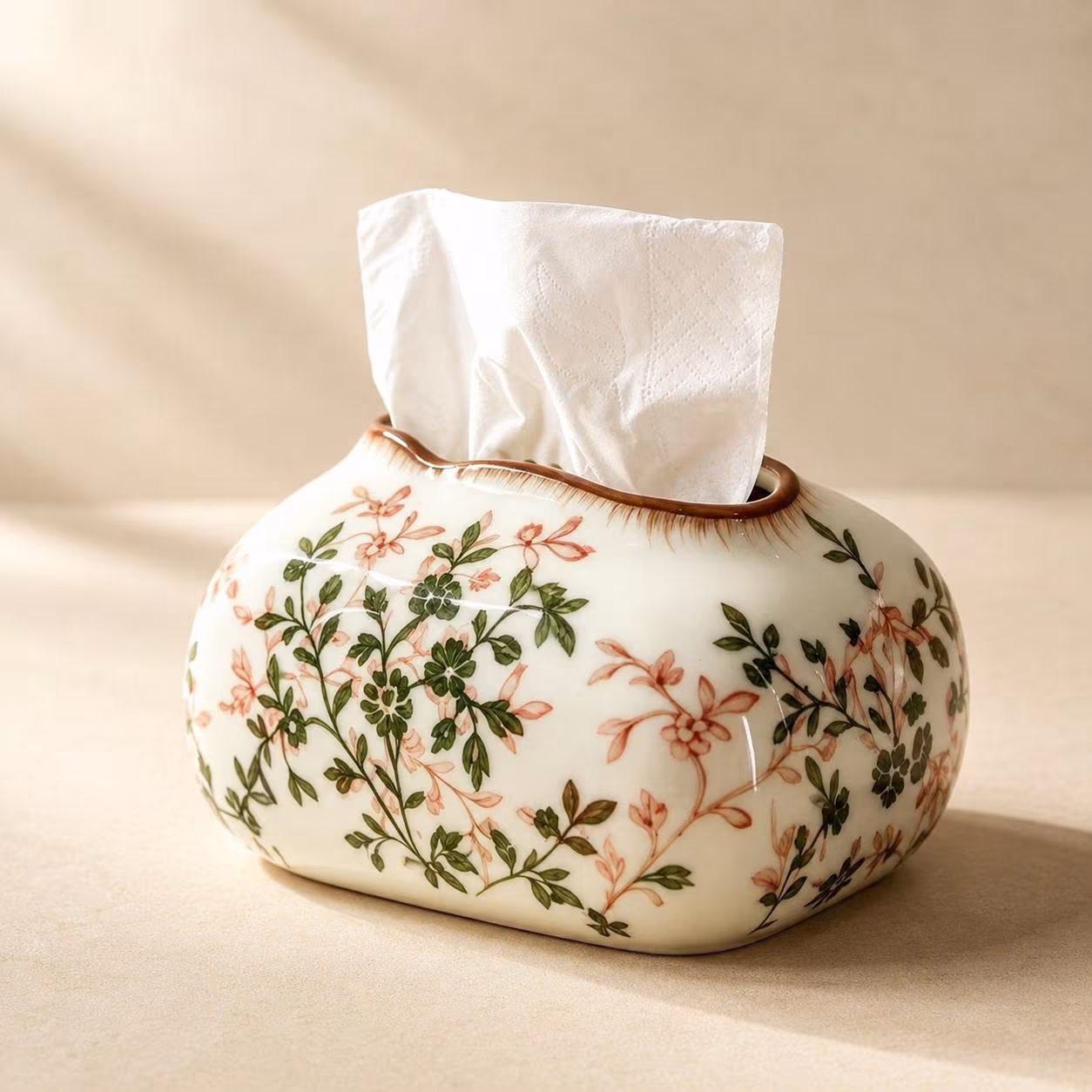 Floral CeramicTissue Box Cover, HandmadePorcelainTissue Holder, VintageBotanical Home Decor, ElegantBathroom VanityDecor, Living Room Accent
