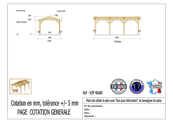 Carport 2 pentes, 400cmx800cm, Bois DOUGLAS Français(Charpente en bois-auvent-abri voiture), 32 m². Garantie 10 ans