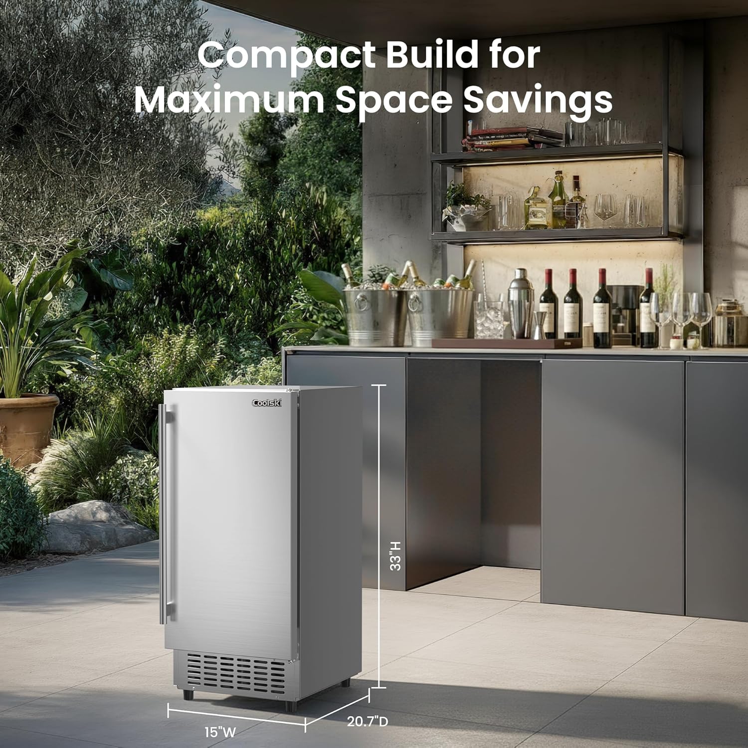 Coolski 15” Under Counter Ice Maker Machine, 130 Lbs/Day with 30 LBS Storage Bin, Built-in Freestanding Stainless Steel Ice Maker with Auto-Cleaning, Smart LCD Panel, for Commercial & Home Outdoor Use