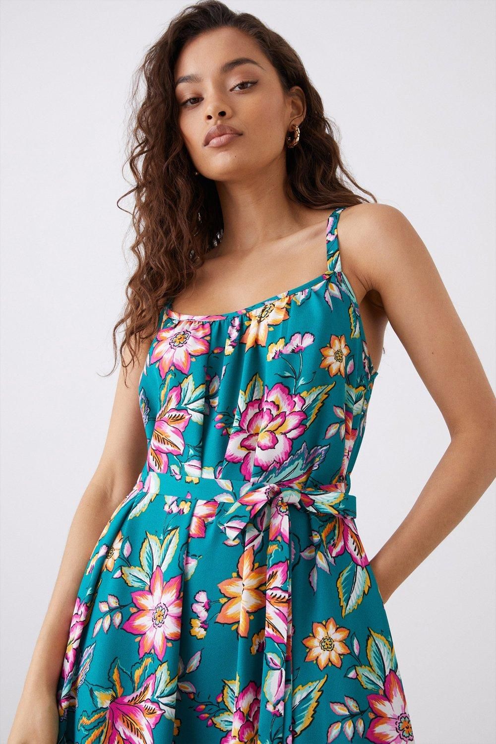 Dorothy Perkins Petite Green Floral Tiered Pocket Midi Dress