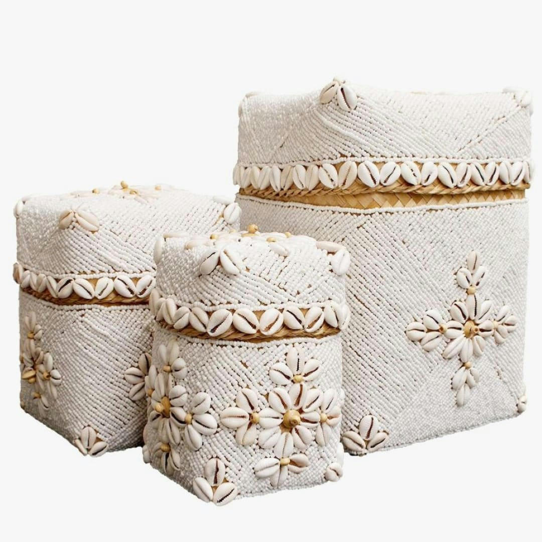 TUTTY - Boîte en bambou et coquillages, blanc L20 x H27 cm