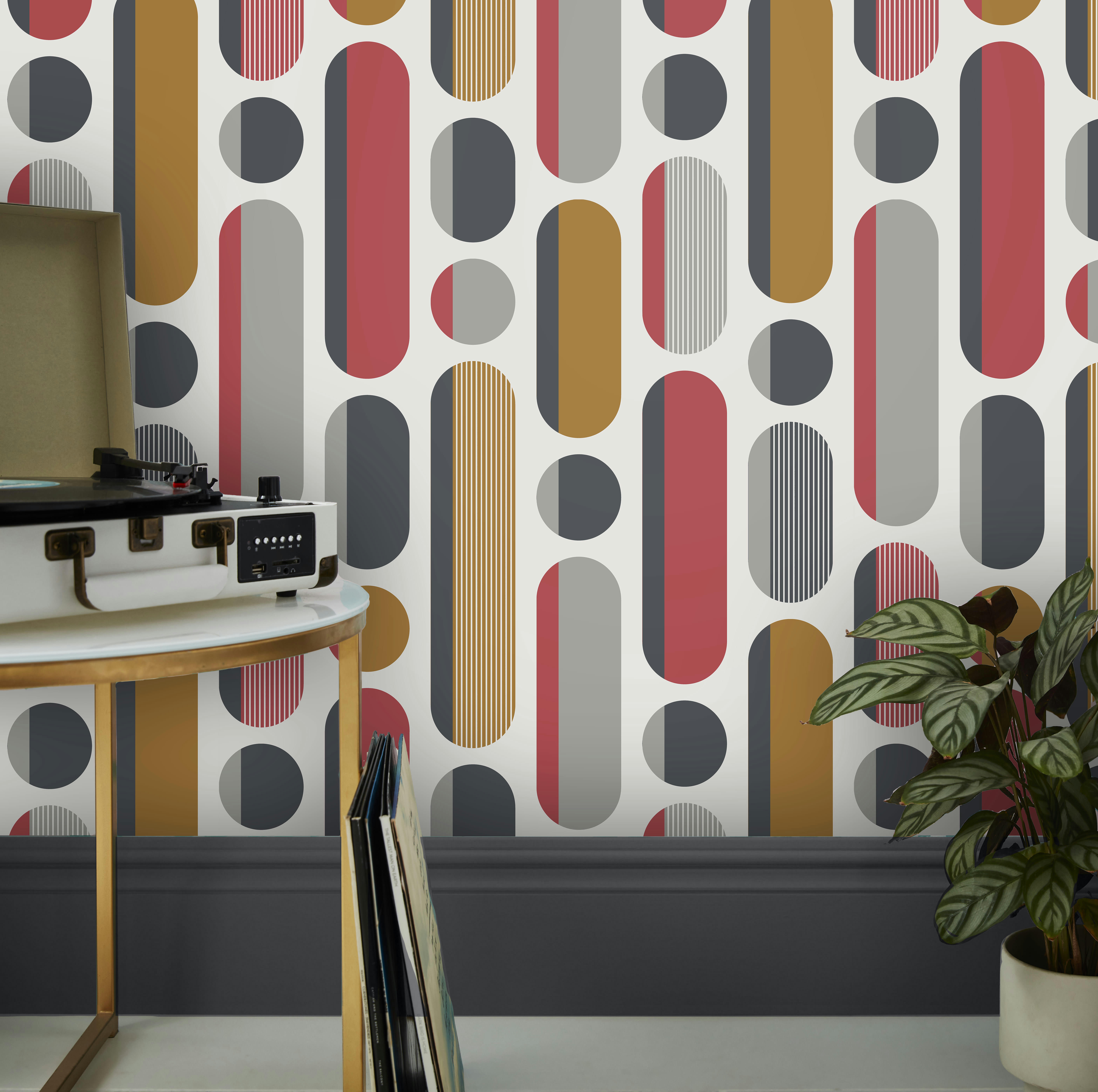 - papier peint morse rouge gris moutarde 1005x52cm