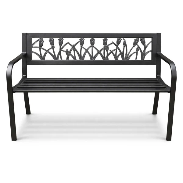 Czarna ławka ogrodowa LISSA ze stalowymi nogami szerokość 124 cm