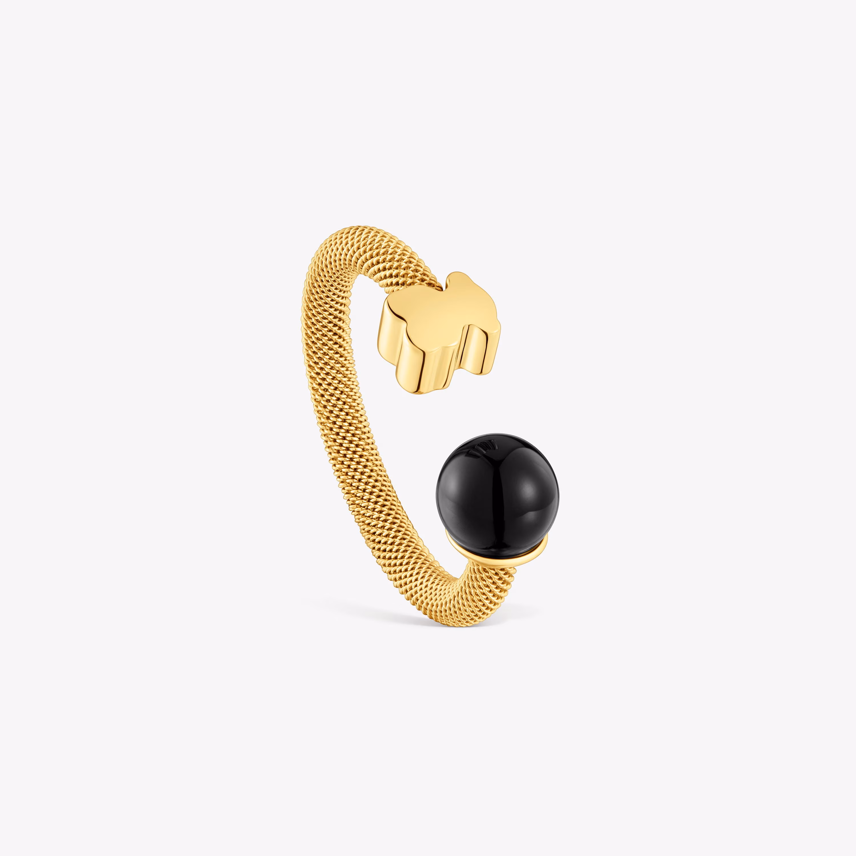 Anillo abierto de acero dorado y ónix Icon Mesh