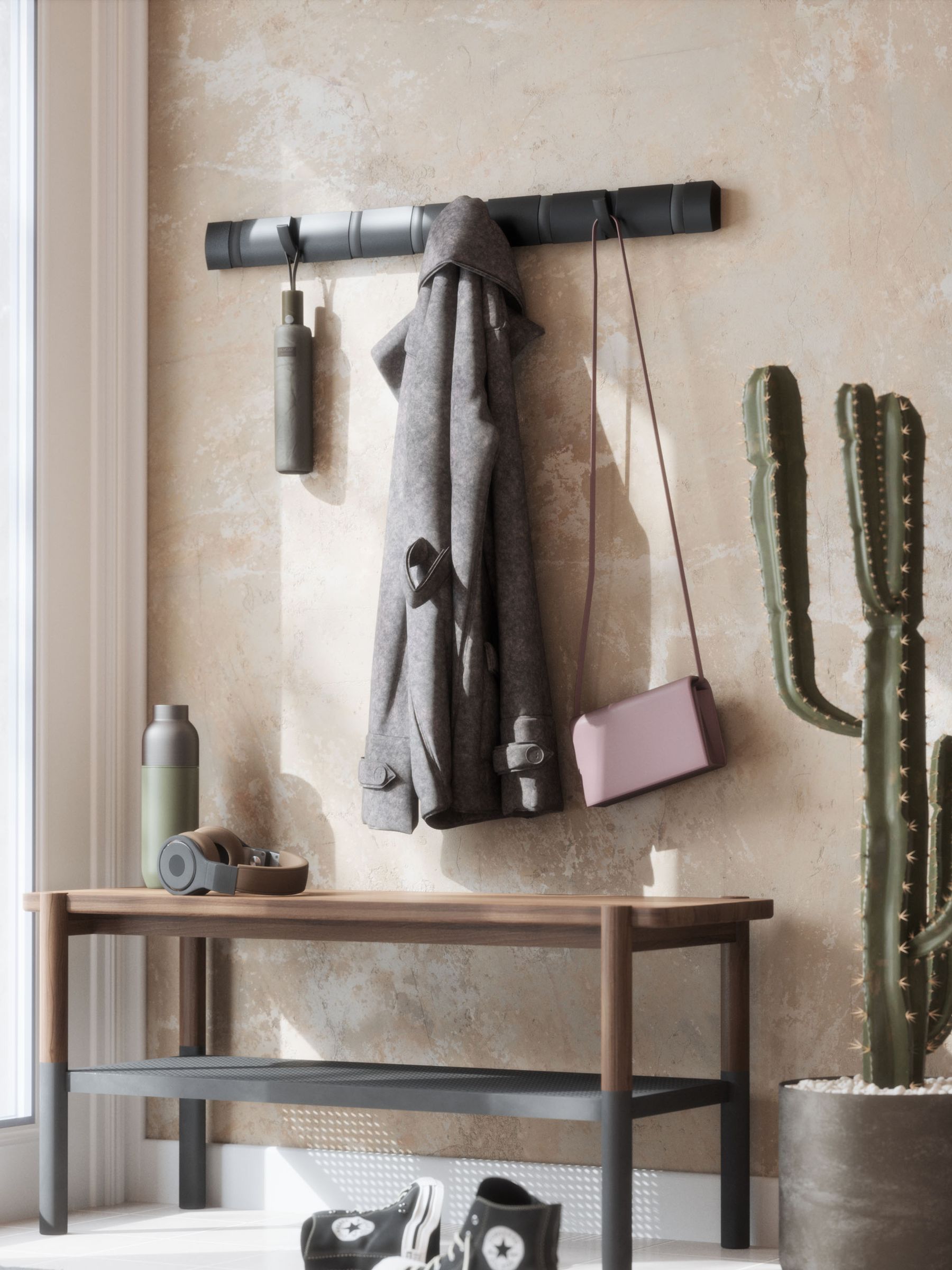 Umbra Black Flip 8 Hook Wall Mounted Coat Rack