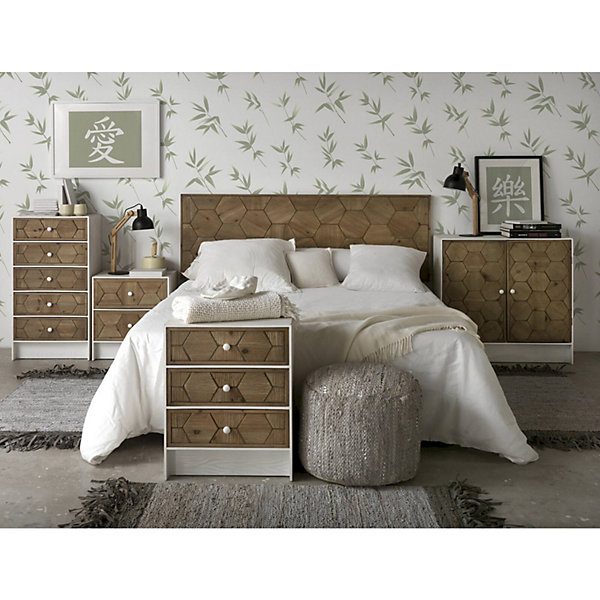 Commode blanche effet bois frêne 5 tiroirs déco hexagonale 48 x 35 x 94 cm Blanc frêne et bois naturel