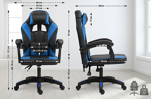 Chaise gaming Orkney similicuir, chaise bureau ergonomique avec coussin lombaire, dossier réglable, appuie-tête Noir/Bleu