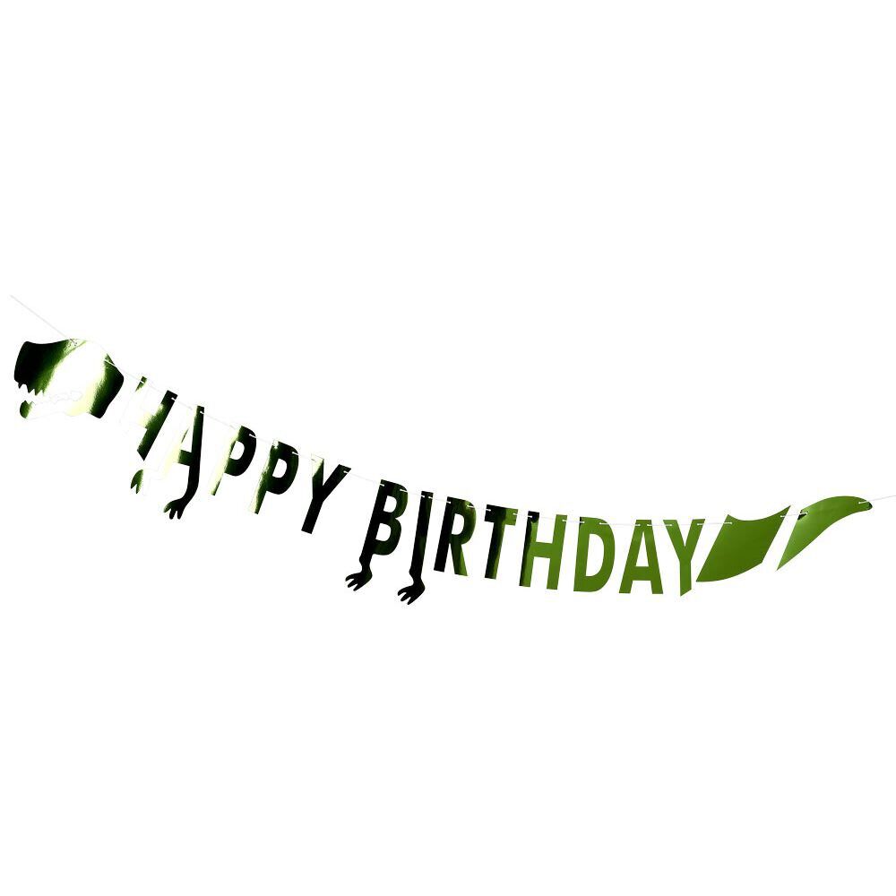 Guirlande anniversaire Happy Birthday dinosaure aluminium vert 2,5m