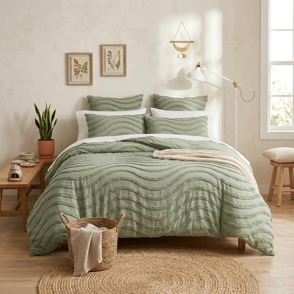 Sage Green 3 Piece Boho Tufted Bedding King/Queen/Twin Size Cotton Duvet Cover Set, Quilt Comforter Cover With Pillowcases