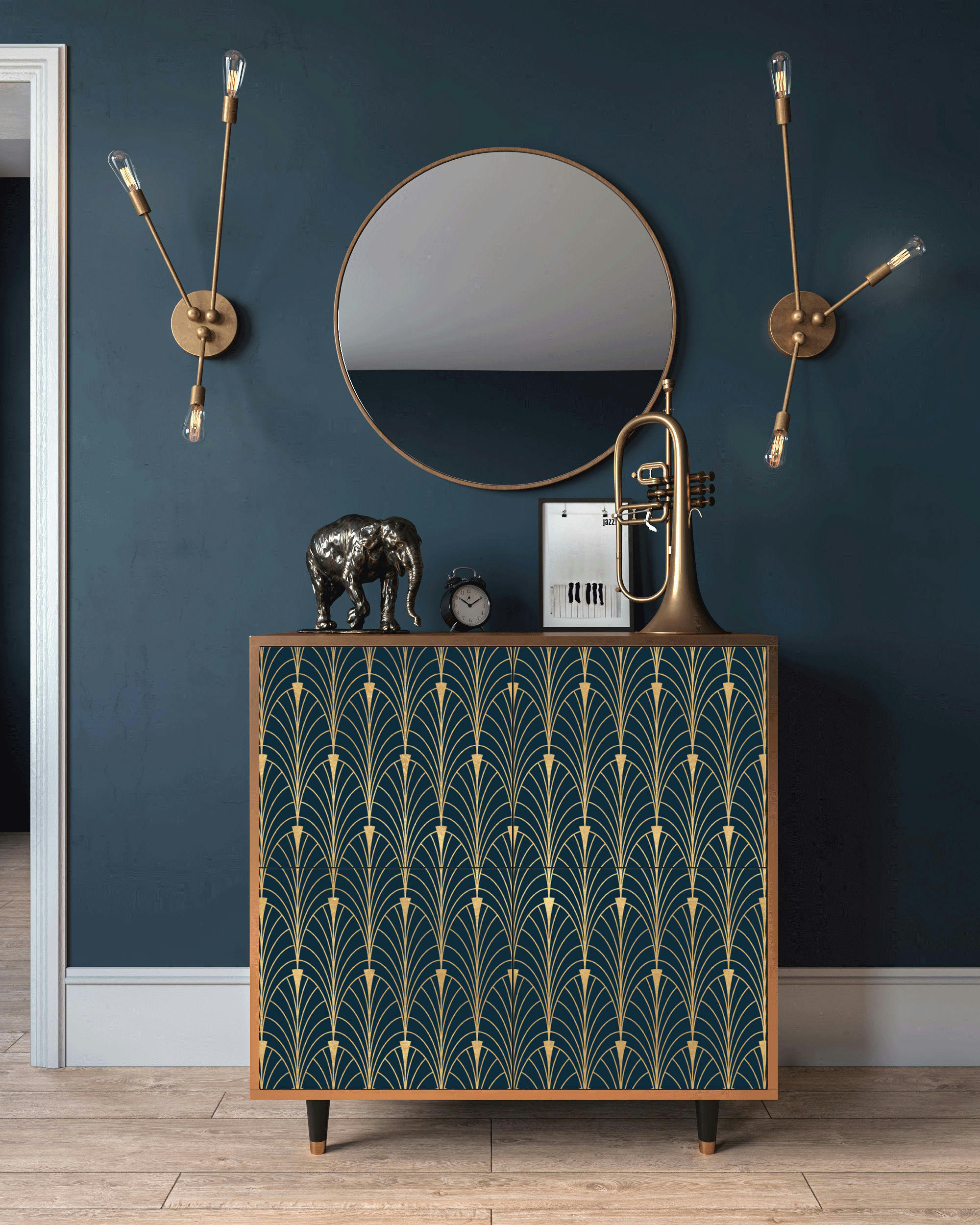 FLOWER OF THE NILE - Buffet  bleu et jaune 4 portes L 94 cm