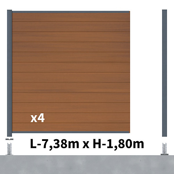 Kit Clôture Composite CRUZ Teck 7,5x1,8m - Bois composite &Aluminium - Poteaux sur Platines Gris - Brise vue - Palissade