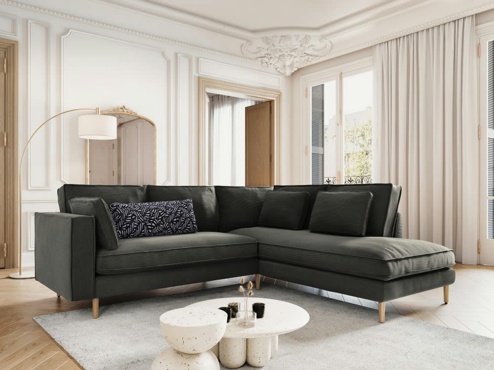 ALEXIS - Canapé d'angle 5 places en tissu structuré gris foncé