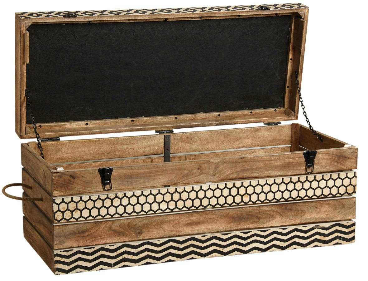 - Coffre banc zigzag en manguier et coton