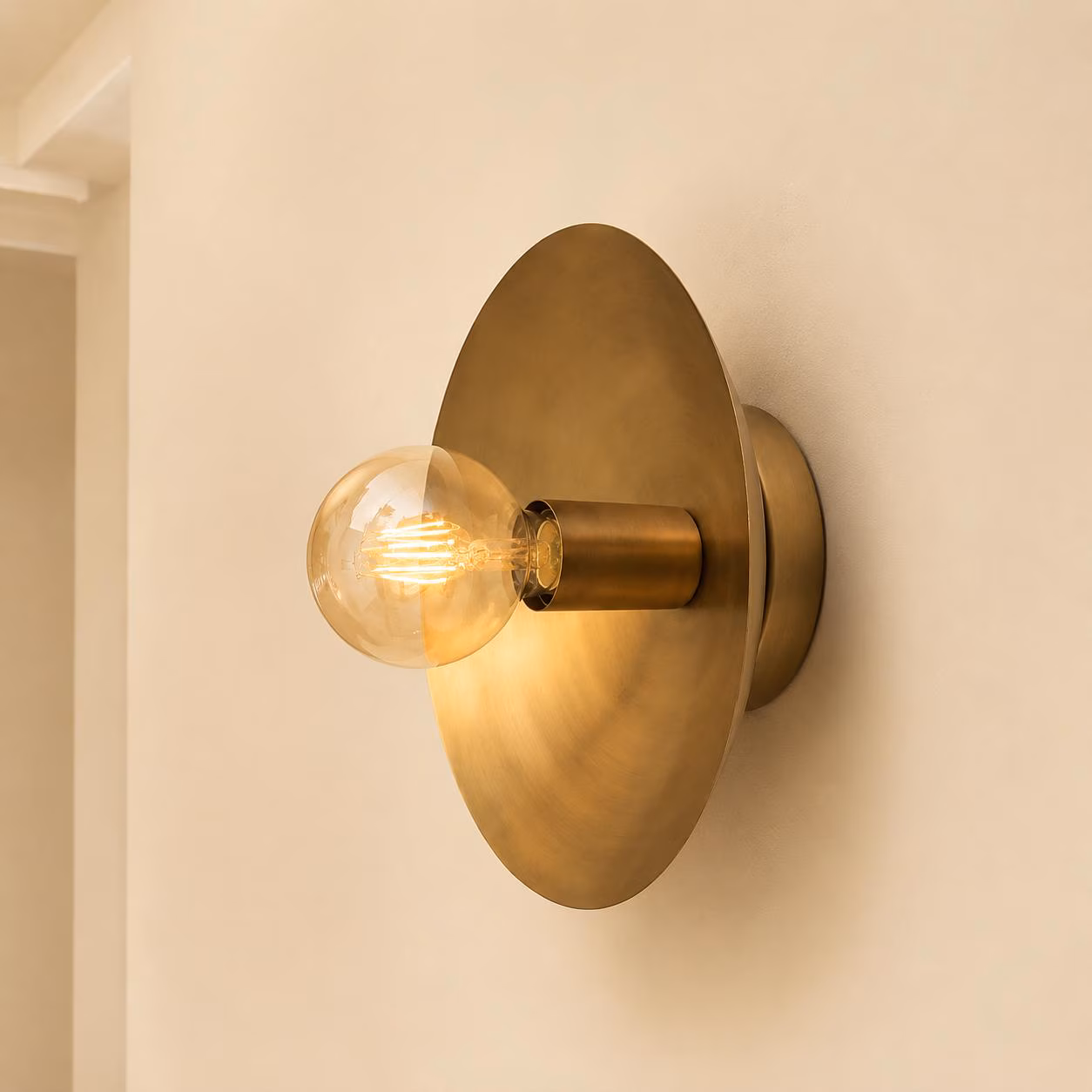 Modern Brass Disc Wall Sconce | Gold Minimalist Wall Light | Mid Century Bedroom