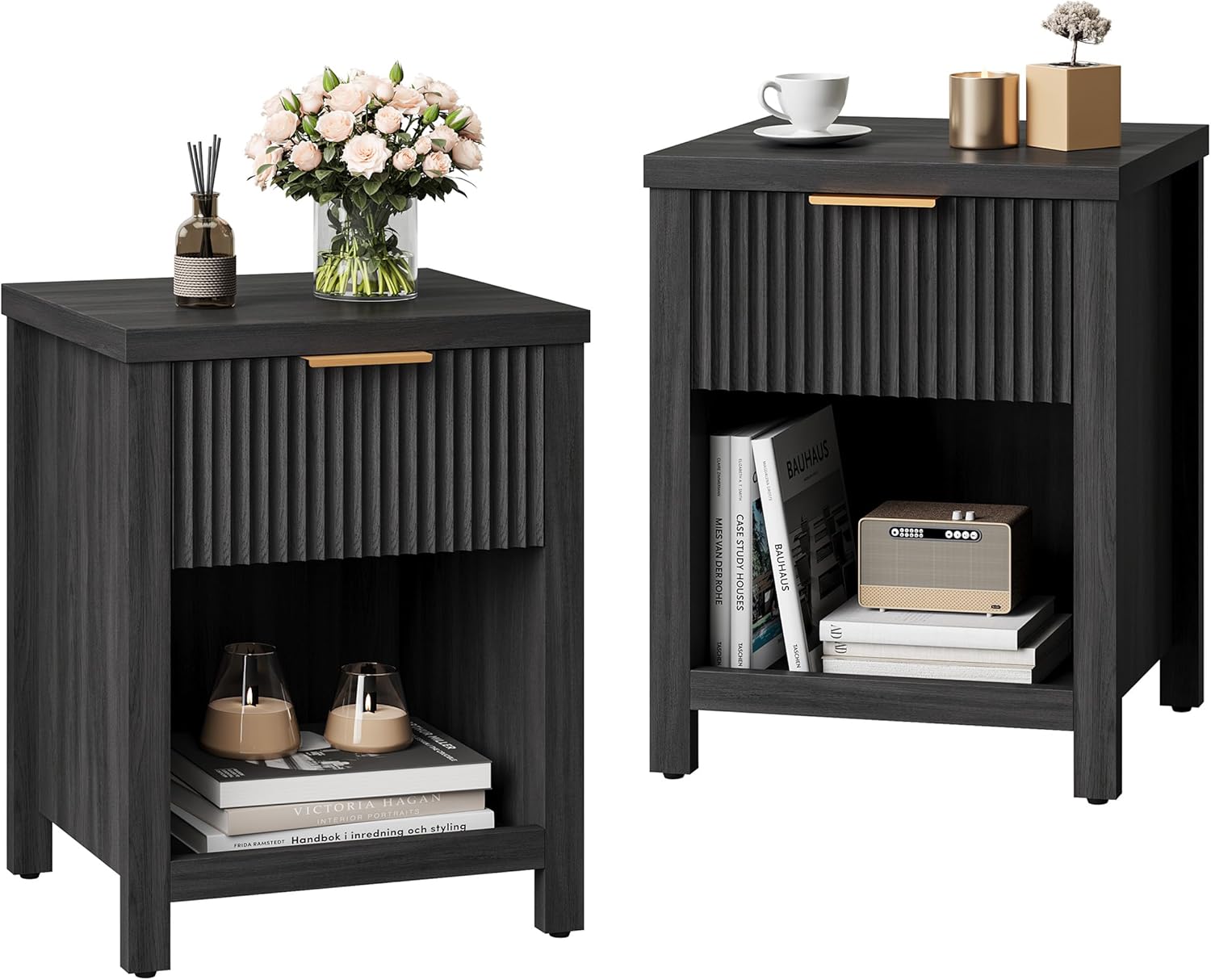 Fluted Nightstands Set of 2, Brooklyn Night Stand with Drawers, Modern Beside Table with Storage, Small End Table for Bedroom Living Room Small Space (2, Grey) BNS101BG-2